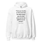 Unisex navy blue hoodie with Psalm 55:22 Bible verse printed in black text on front