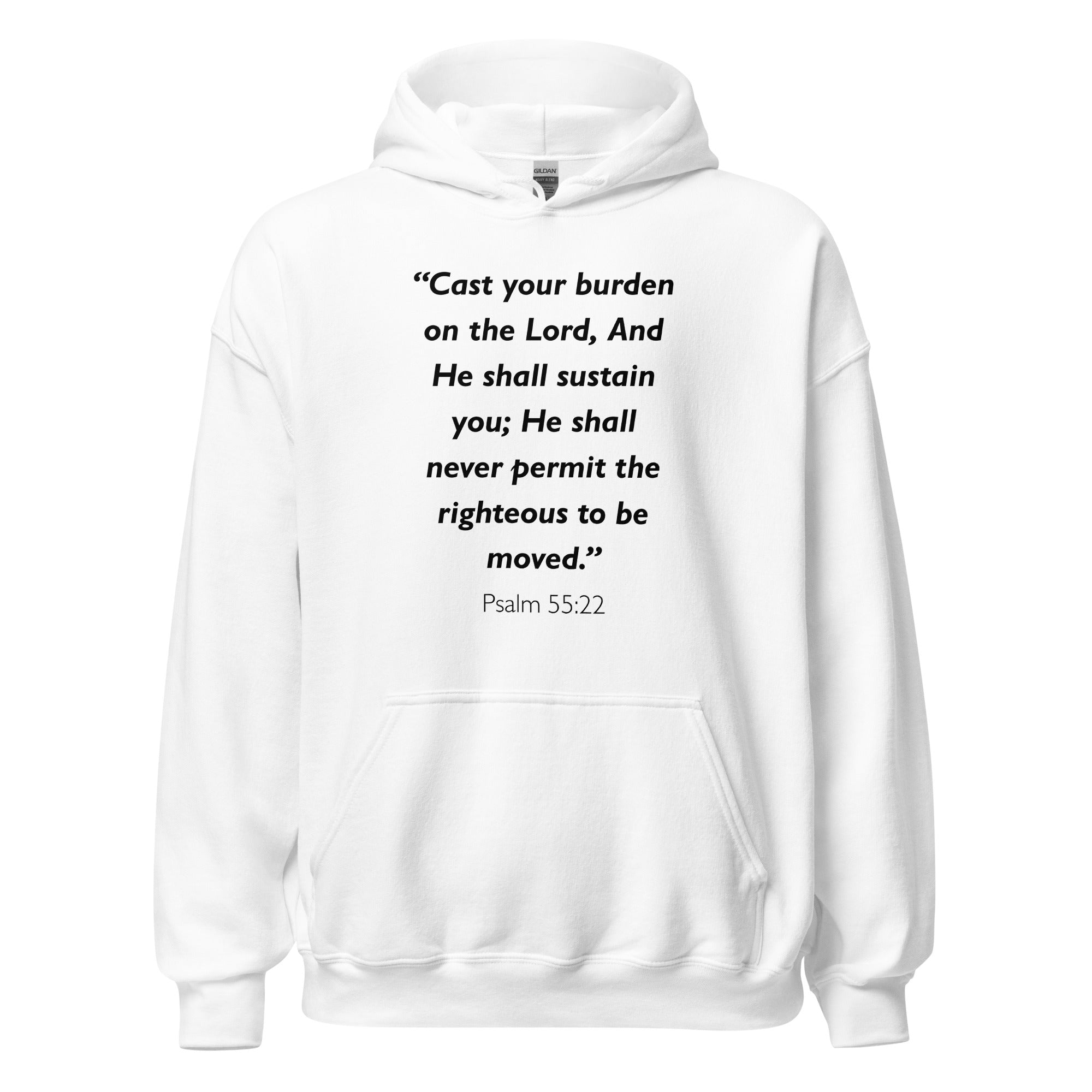 Unisex navy blue hoodie with Psalm 55:22 Bible verse printed in black text on front