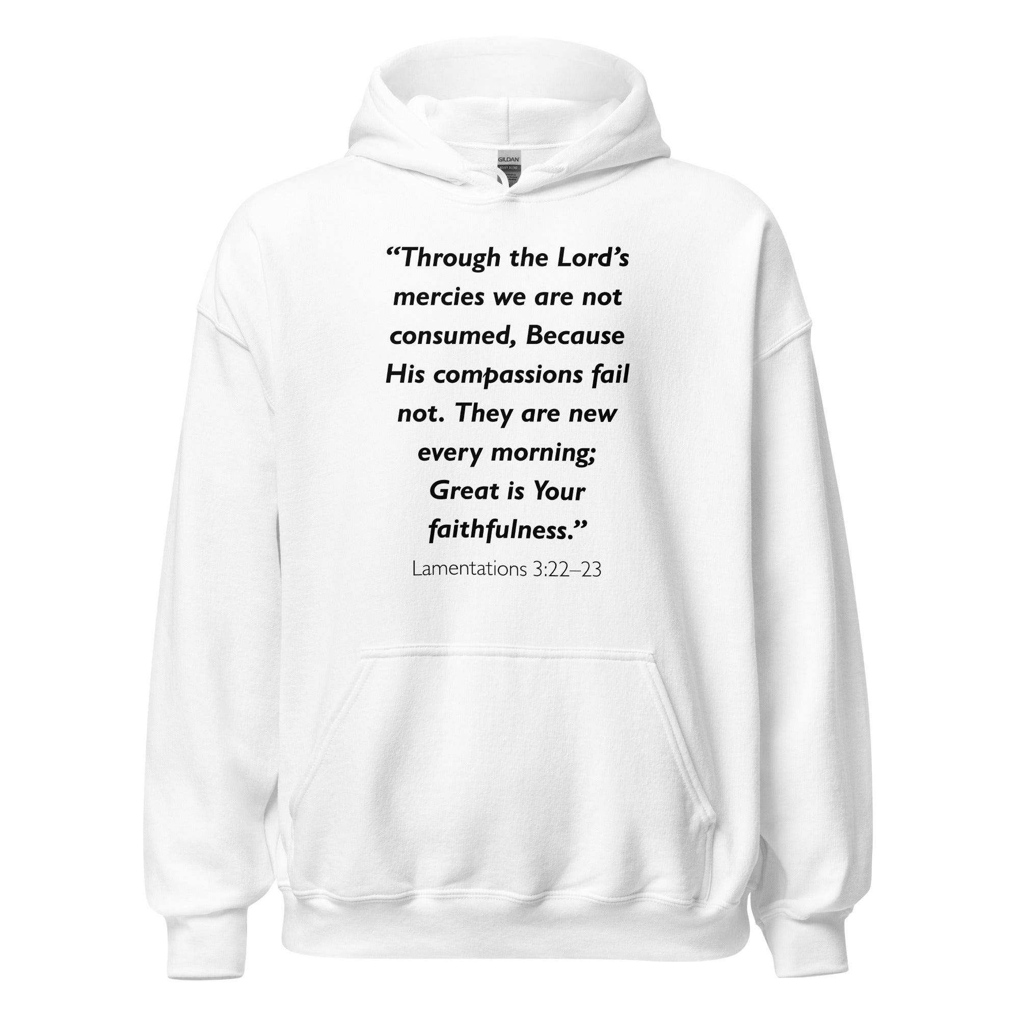 Unisex navy blue hoodie with Lamentations 3:22-23 Bible verse printed in black text on front