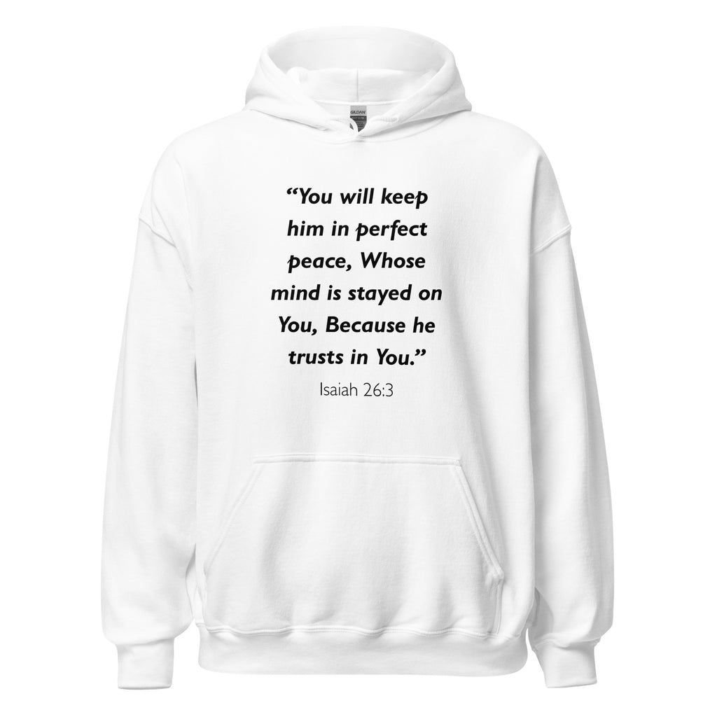 Unisex navy blue hoodie with Isaiah 26:3 Bible verse printed in black text on front
