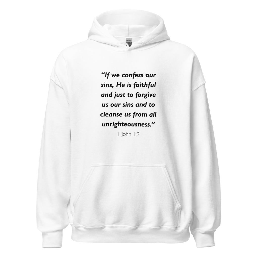 Unisex navy blue hoodie with 1 John 1:9 Bible verse printed in black text on front