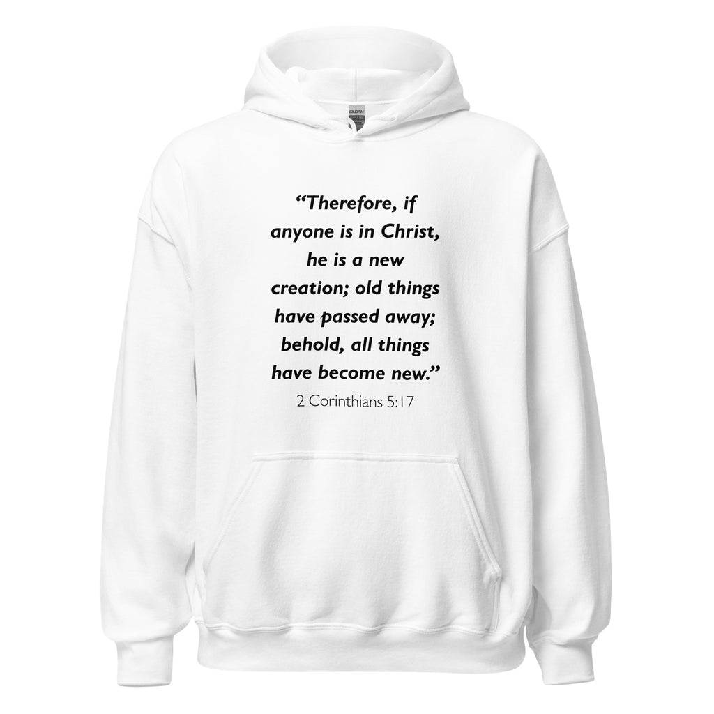 Unisex navy blue hoodie with 2 Corinthians 5:17 Bible verse printed in black text on front