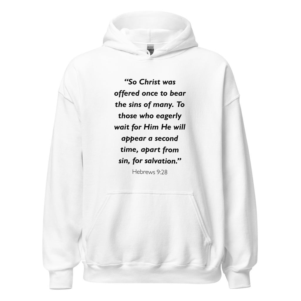 Unisex navy blue hoodie with Hebrews 9:28 Bible verse printed in black text on front