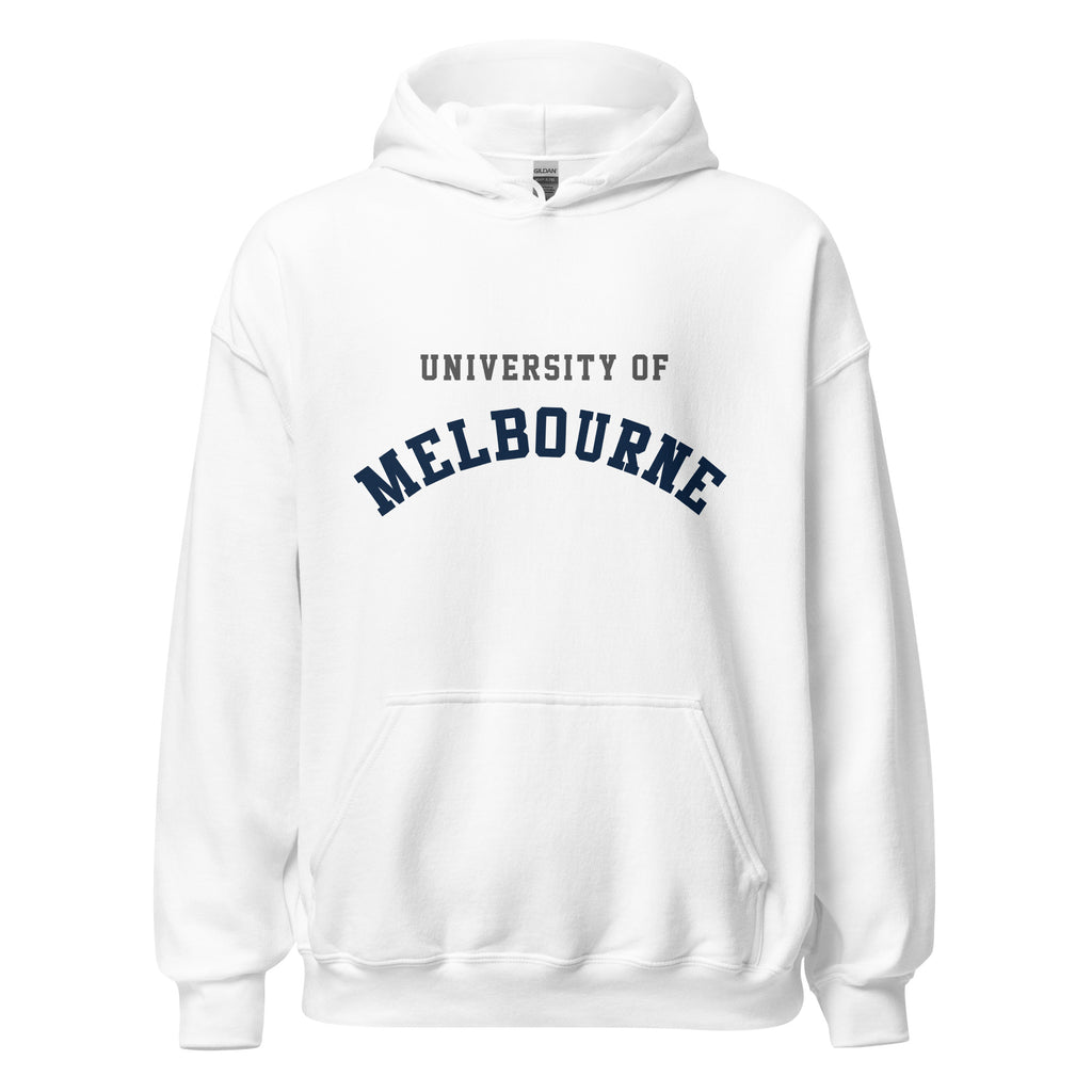 Unisex navy blue hoodie featuring University of Melbourne logo printed across the front chest