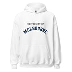Unisex navy blue hoodie featuring University of Melbourne logo printed across the front chest