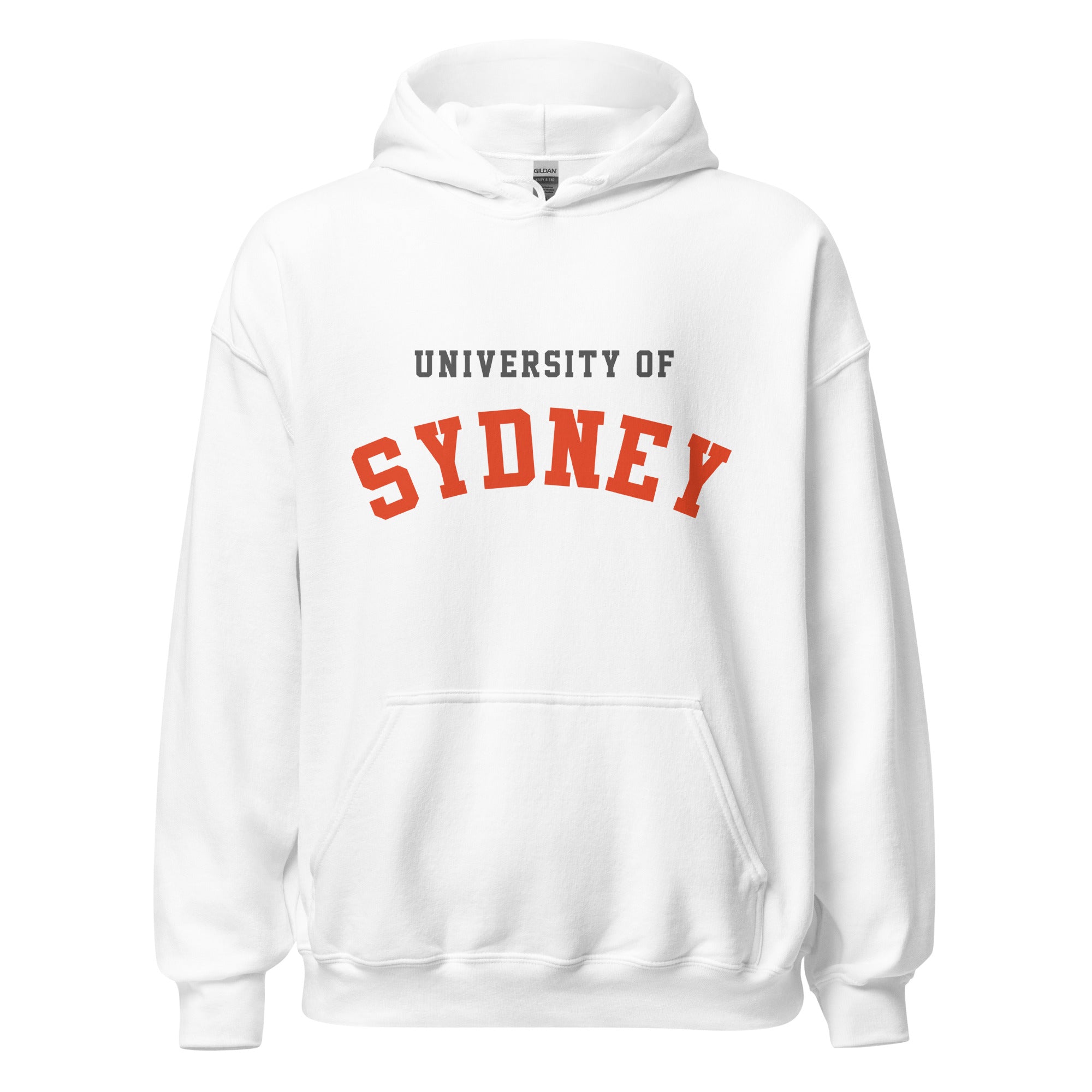 Unisex black hoodie featuring University of Sydney logo printed across the front chest