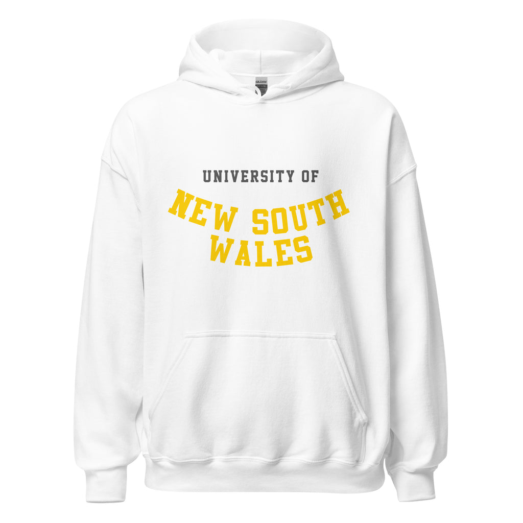 Unisex black hoodie featuring University of New South Wales logo printed across the front chest