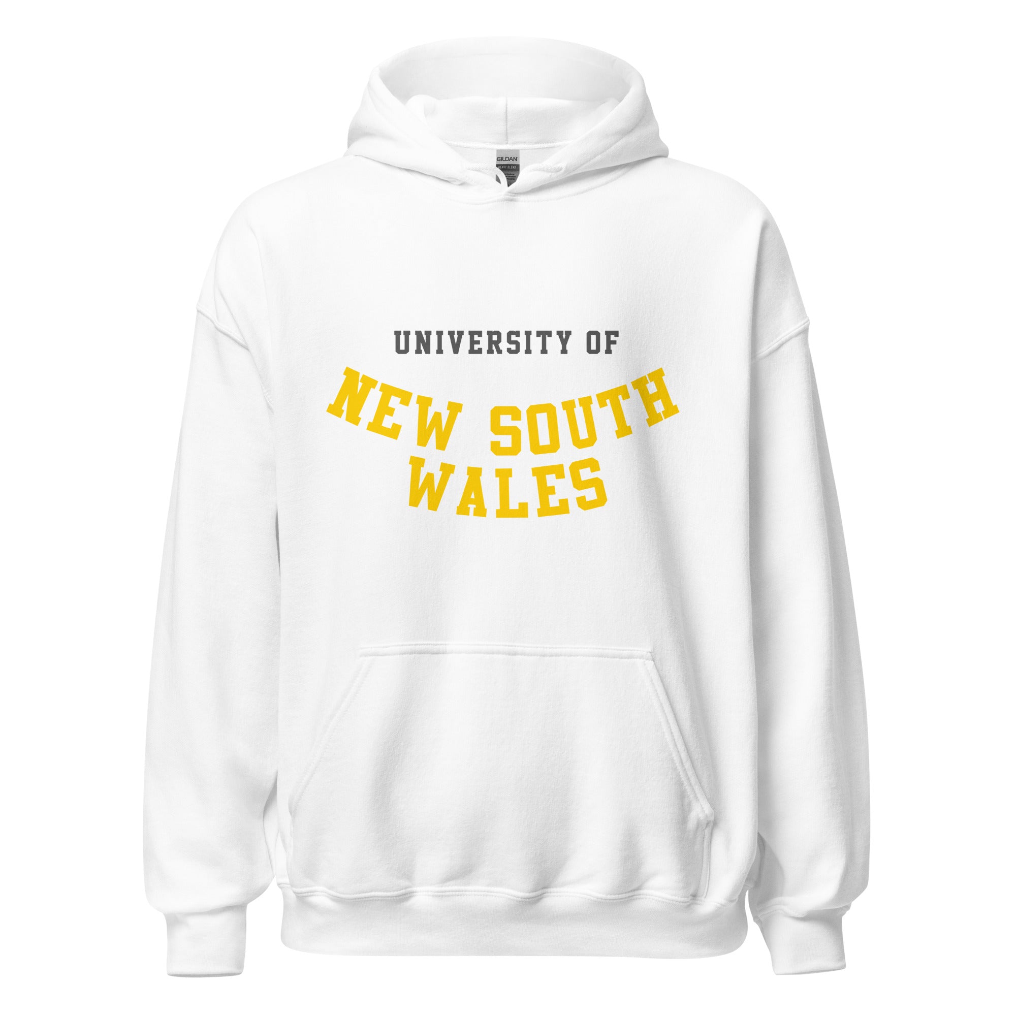 Unisex black hoodie featuring University of New South Wales logo printed across the front chest