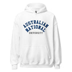 Unisex navy blue hoodie featuring Australian National University logo printed across the front chest