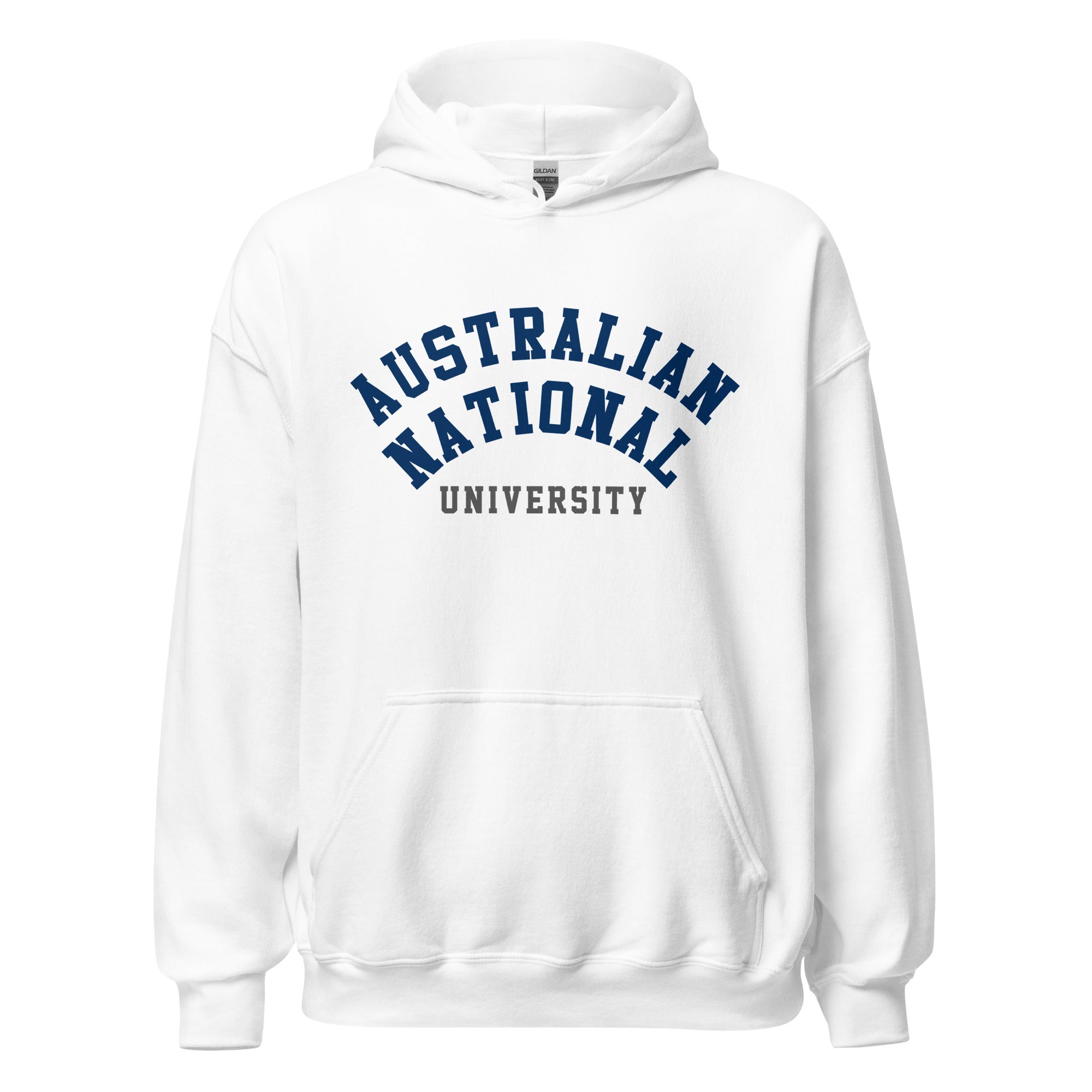 Unisex navy blue hoodie featuring Australian National University logo printed across the front chest
