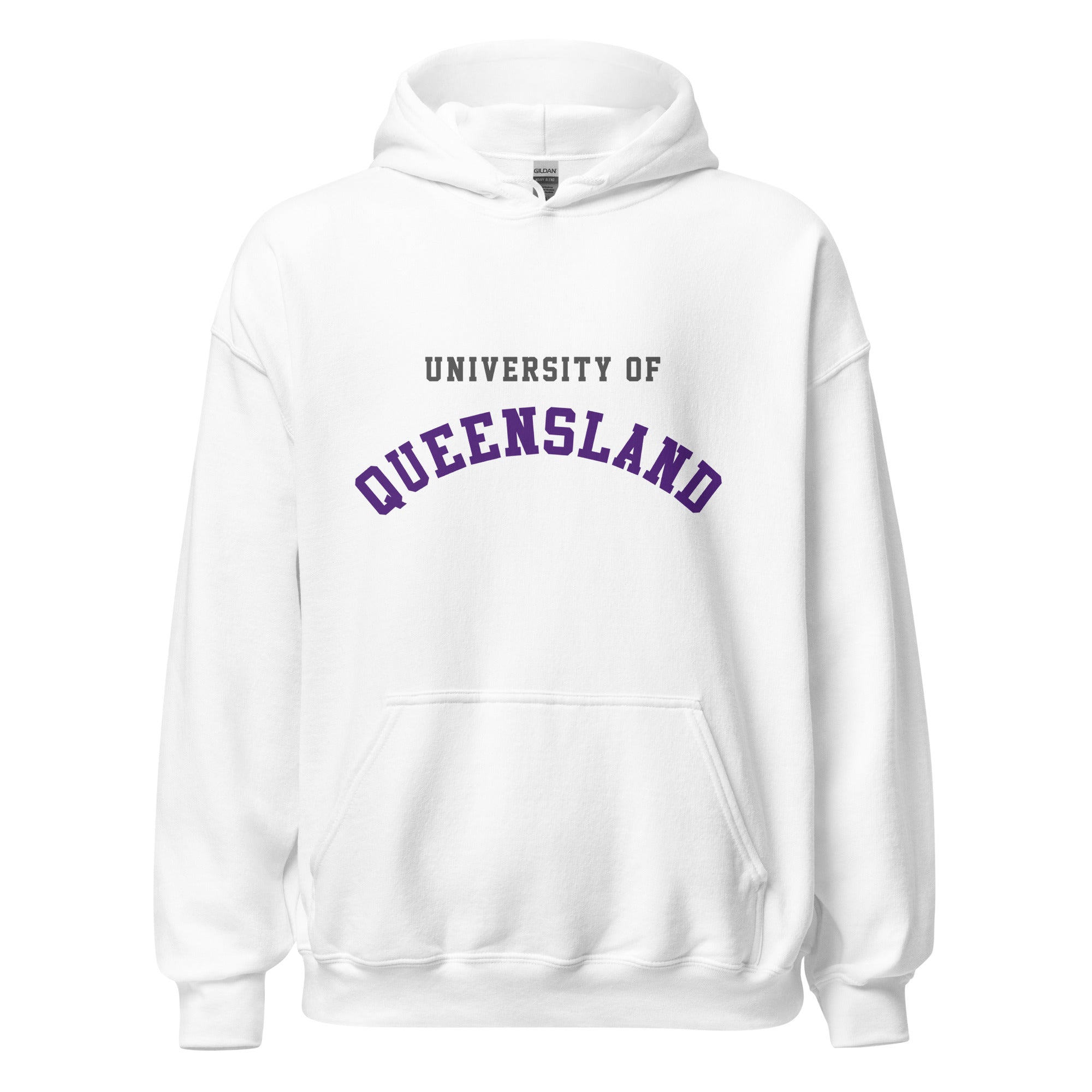 Unisex black hoodie featuring University of Queensland logo printed across the front chest