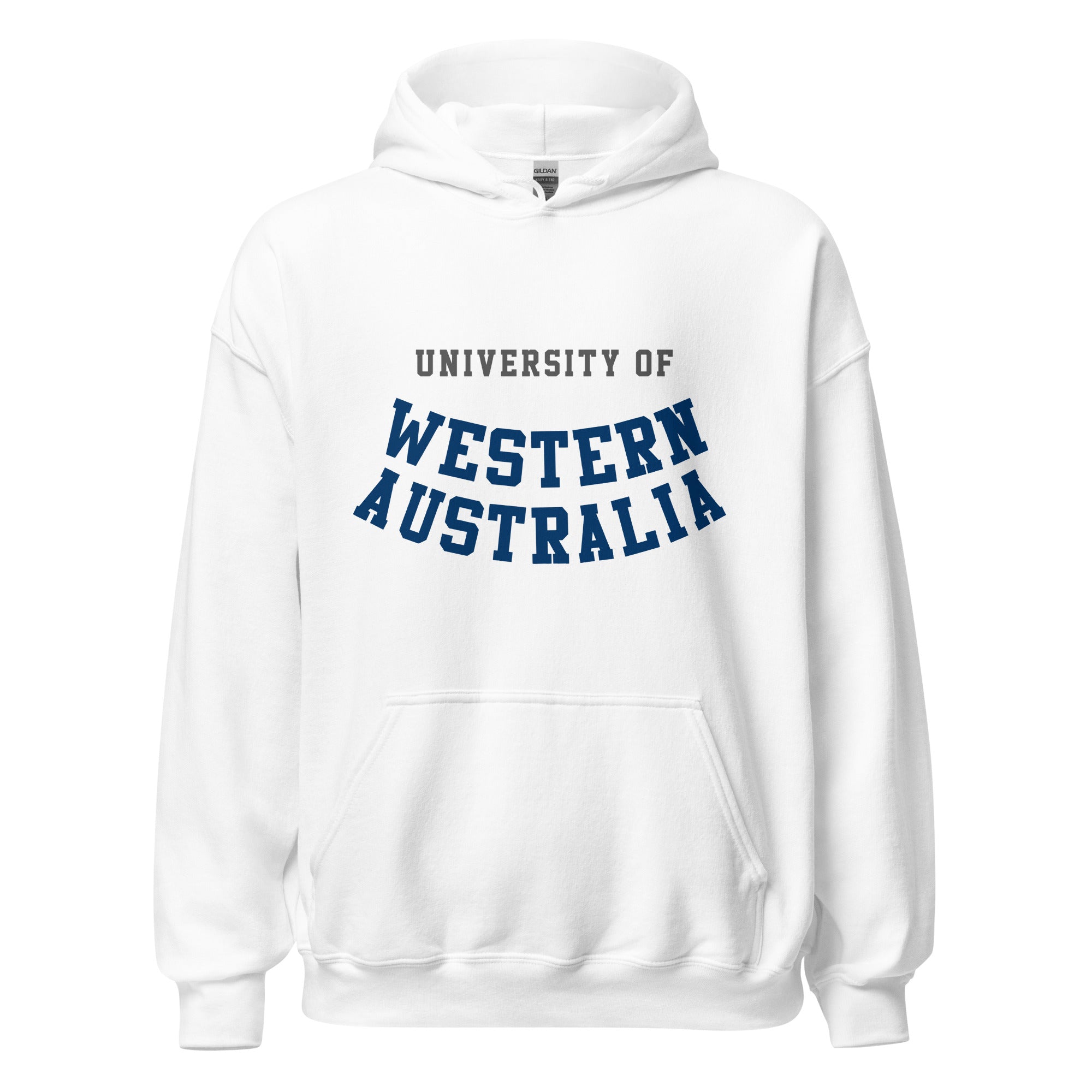 Unisex navy blue hoodie featuring University of Western Australia logo printed across the front chest