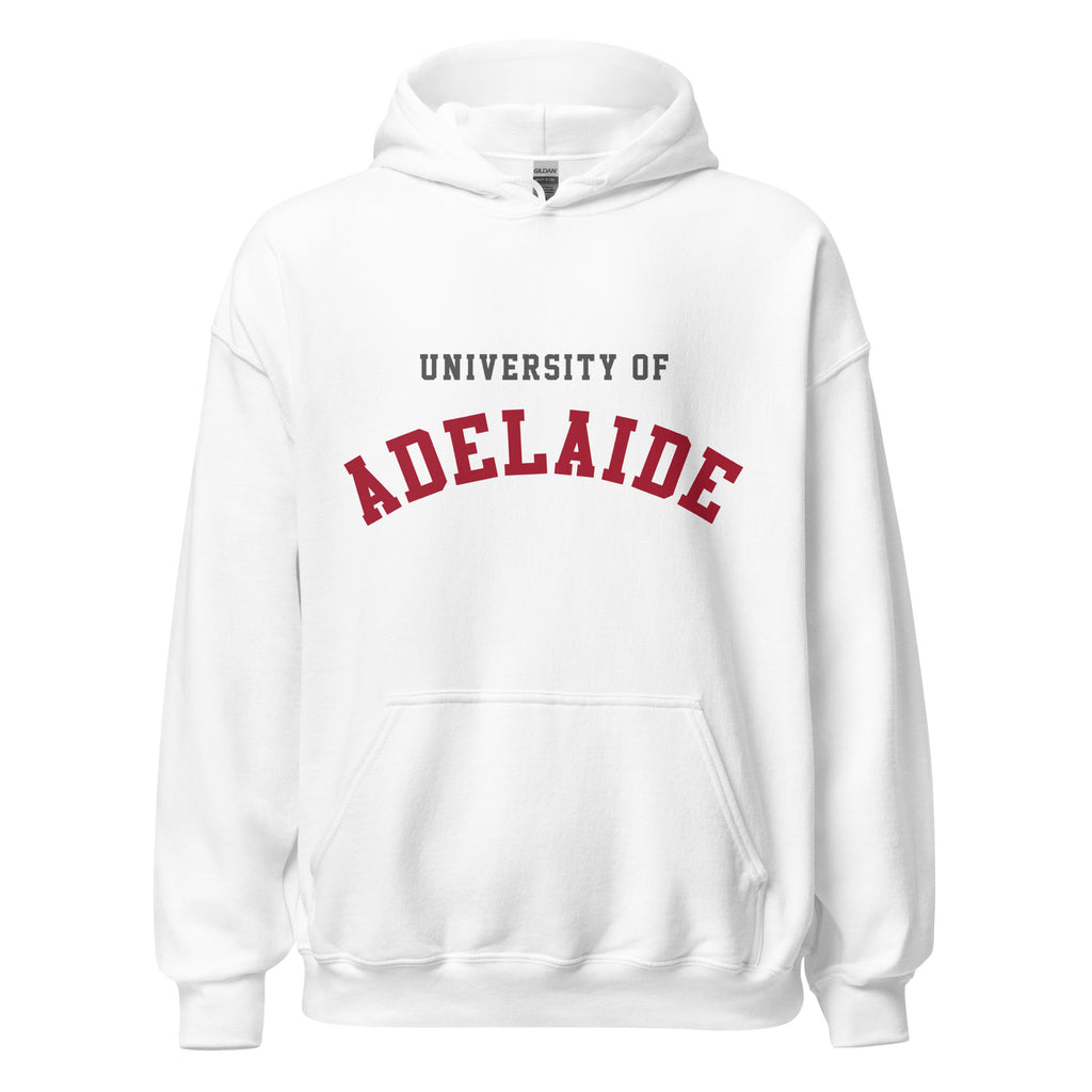 Unisex navy blue hoodie featuring University of Adelaide logo printed across the front chest