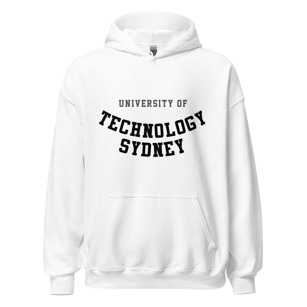 Unisex navy blue hoodie featuring University of Technology Sydney logo printed across the front chest