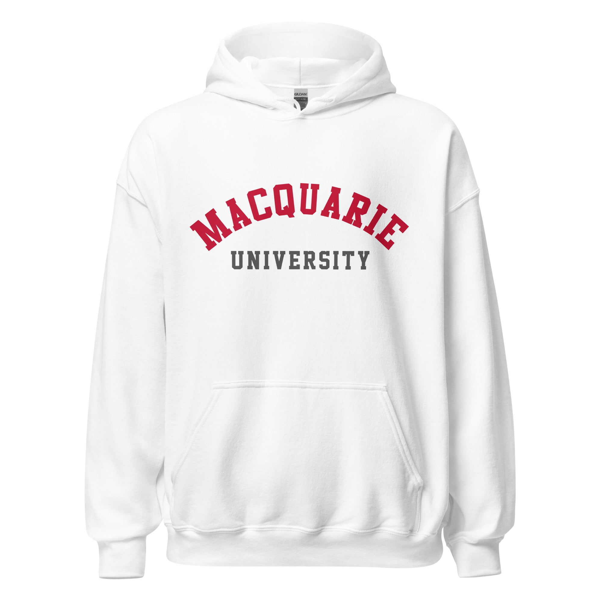 Unisex navy blue hoodie featuring Macquarie University logo printed across the front chest