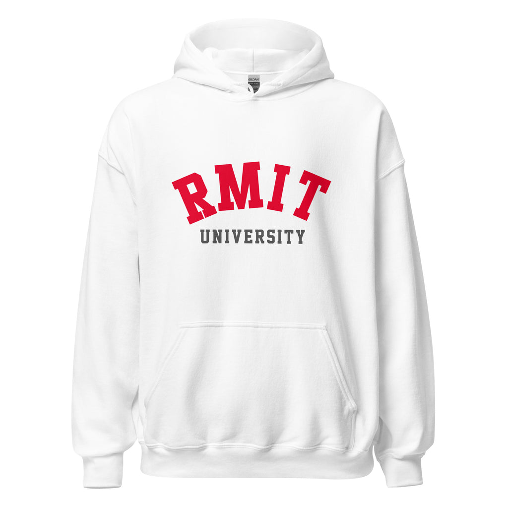Unisex navy blue hoodie featuring RMIT University logo printed across the front chest