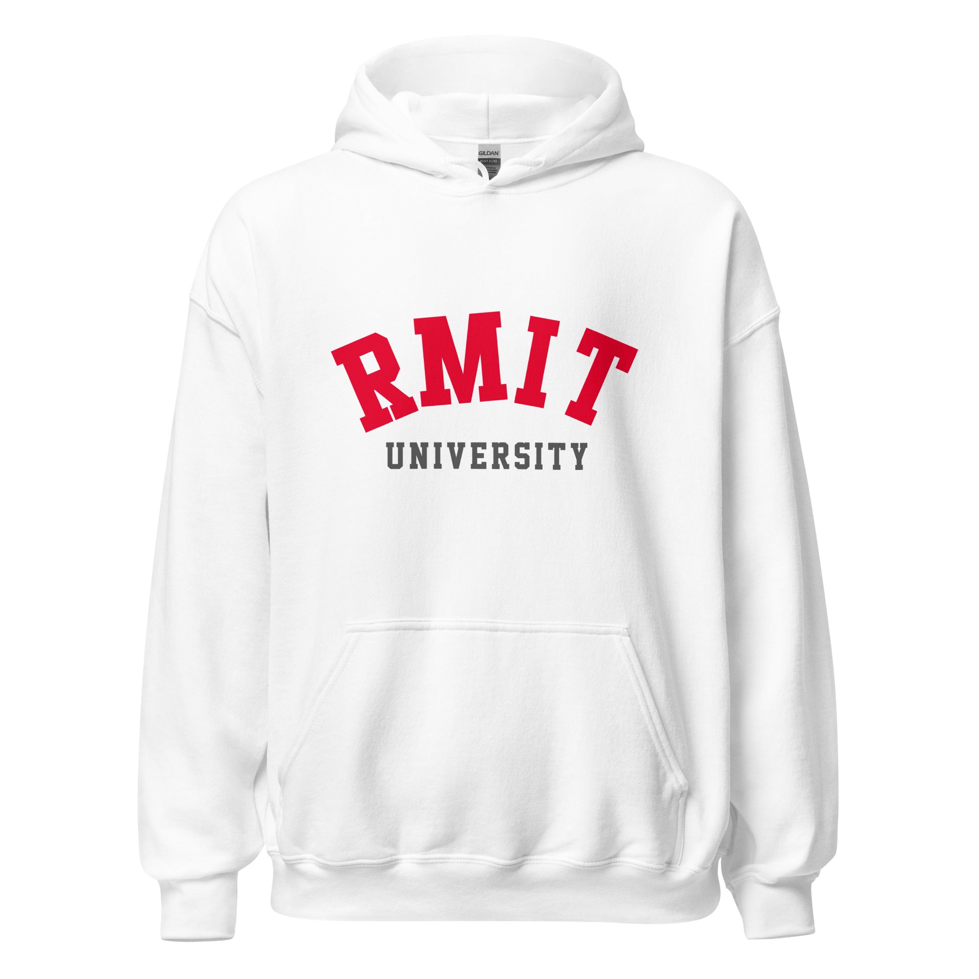Unisex navy blue hoodie featuring RMIT University logo printed across the front chest