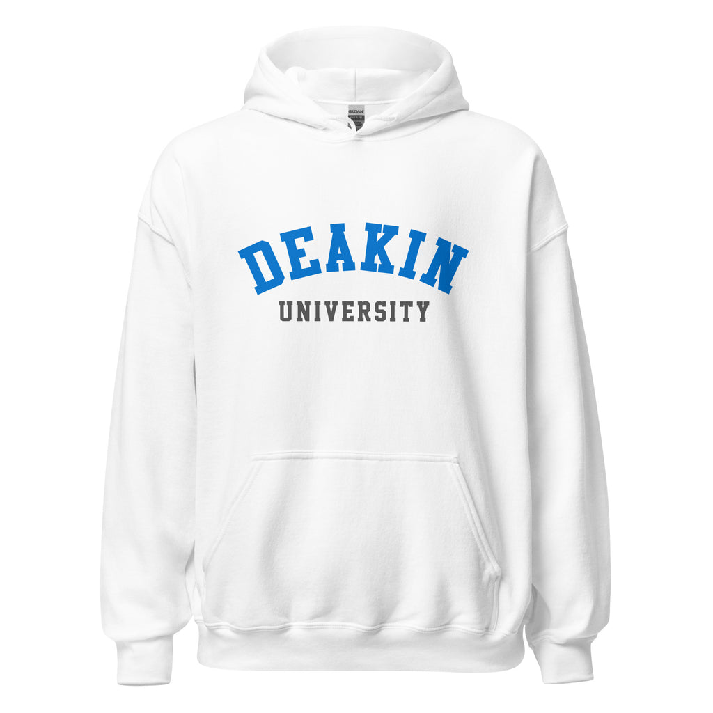 Unisex navy blue hoodie featuring Deakin University logo printed across the front chest