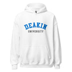 Unisex navy blue hoodie featuring Deakin University logo printed across the front chest