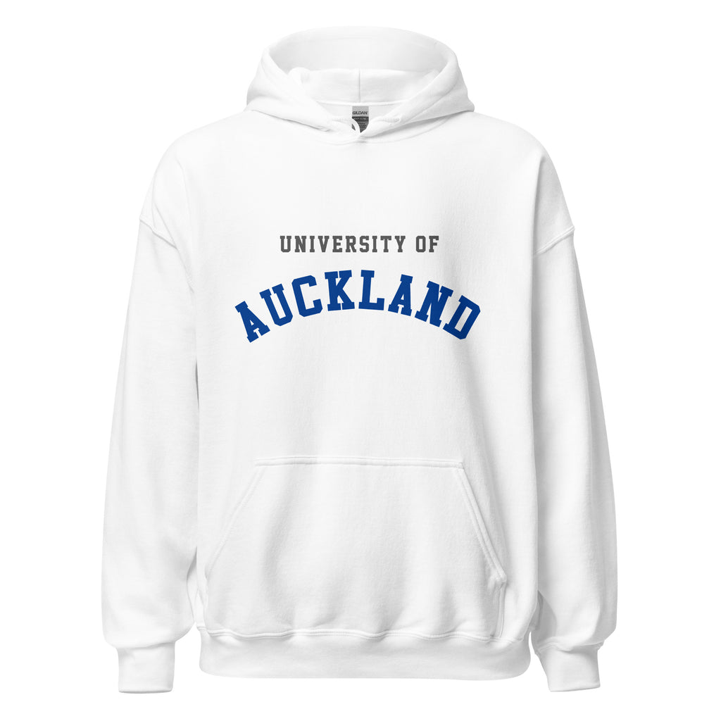 Unisex black hoodie featuring University of Auckland logo printed across the front chest