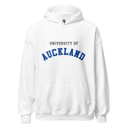 Unisex black hoodie featuring University of Auckland logo printed across the front chest