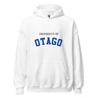 Unisex navy blue hoodie featuring University of Otago logo printed across the front chest