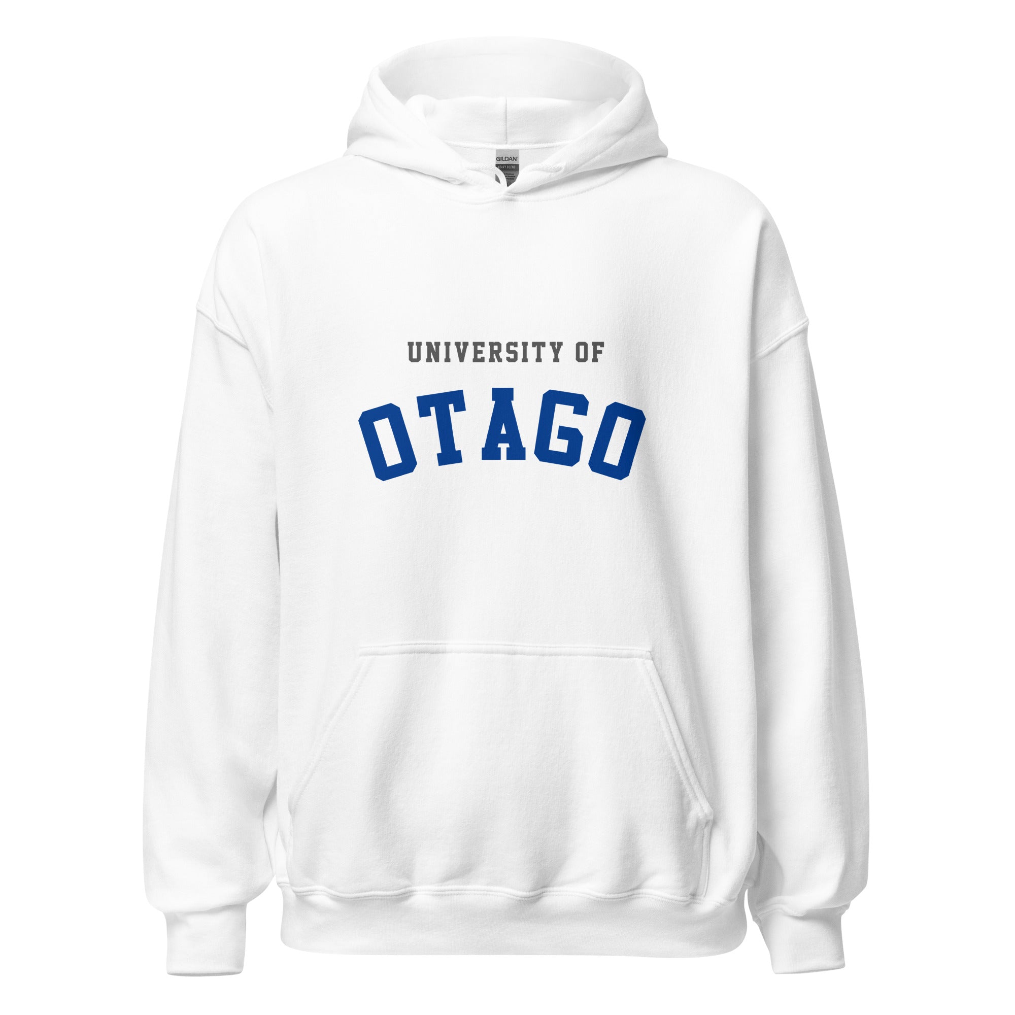 Unisex navy blue hoodie featuring University of Otago logo printed across the front chest