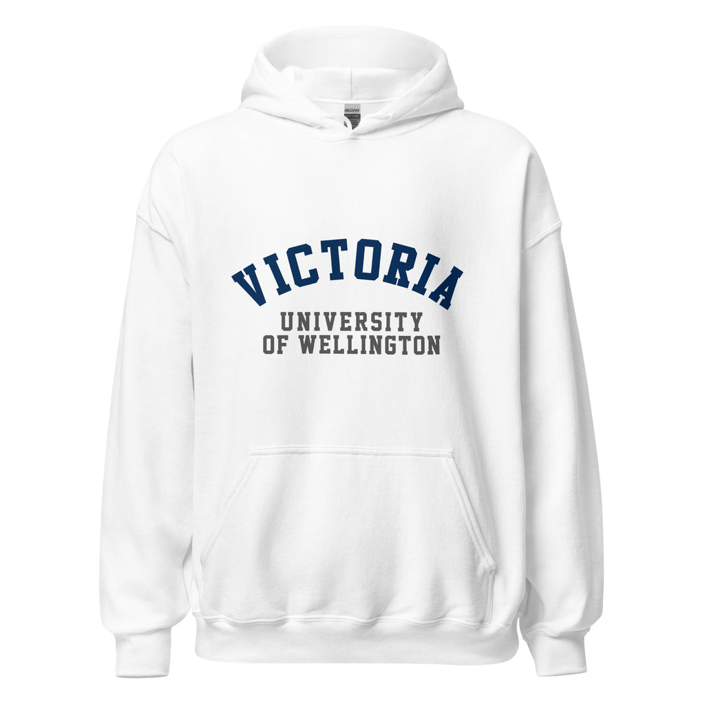 Unisex navy blue hoodie featuring Victoria University of Wellington logo printed across the front chest