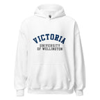 Unisex navy blue hoodie featuring Victoria University of Wellington logo printed across the front chest