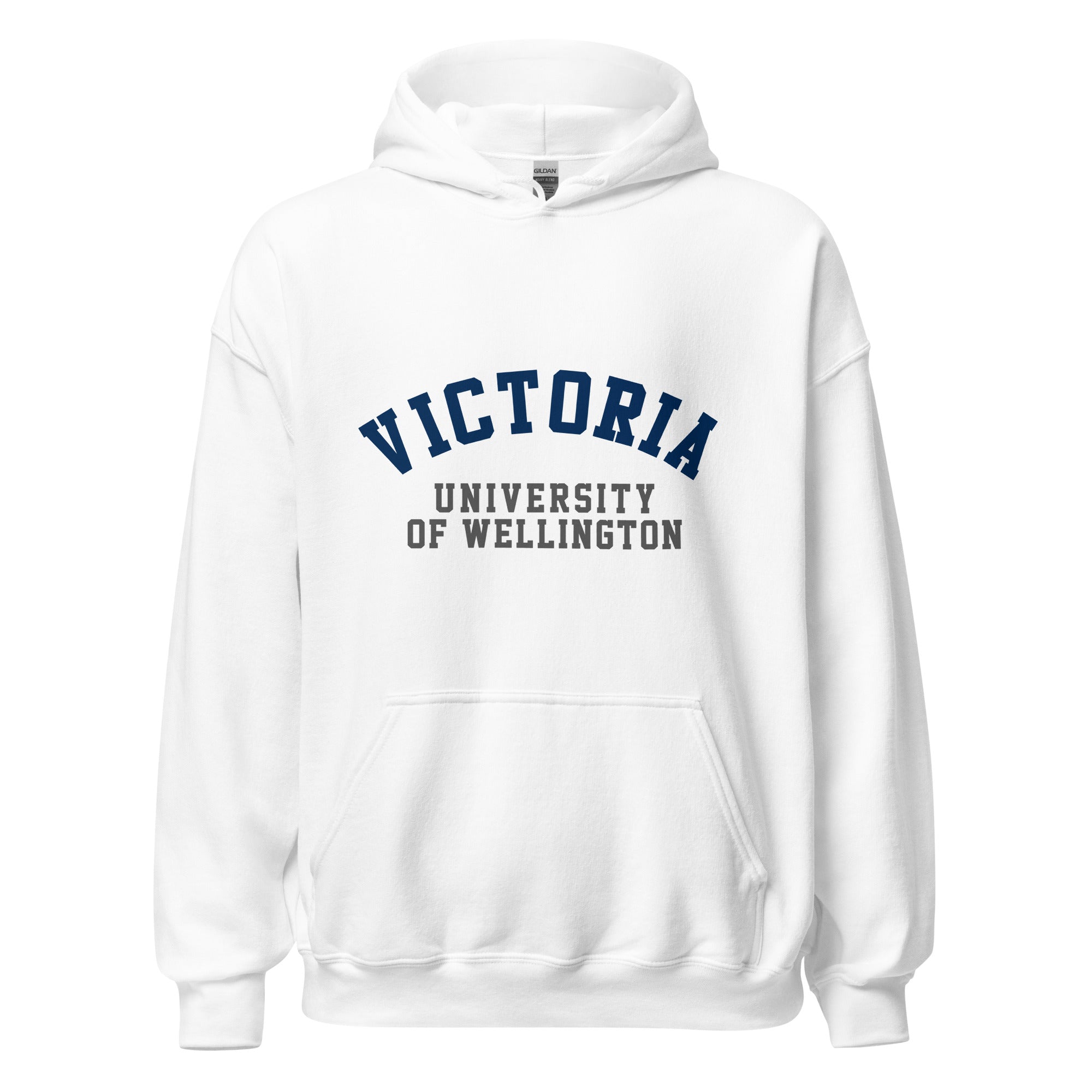 Unisex navy blue hoodie featuring Victoria University of Wellington logo printed across the front chest