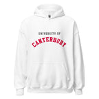 Unisex navy blue hoodie featuring University of Canterbury logo printed across the front chest