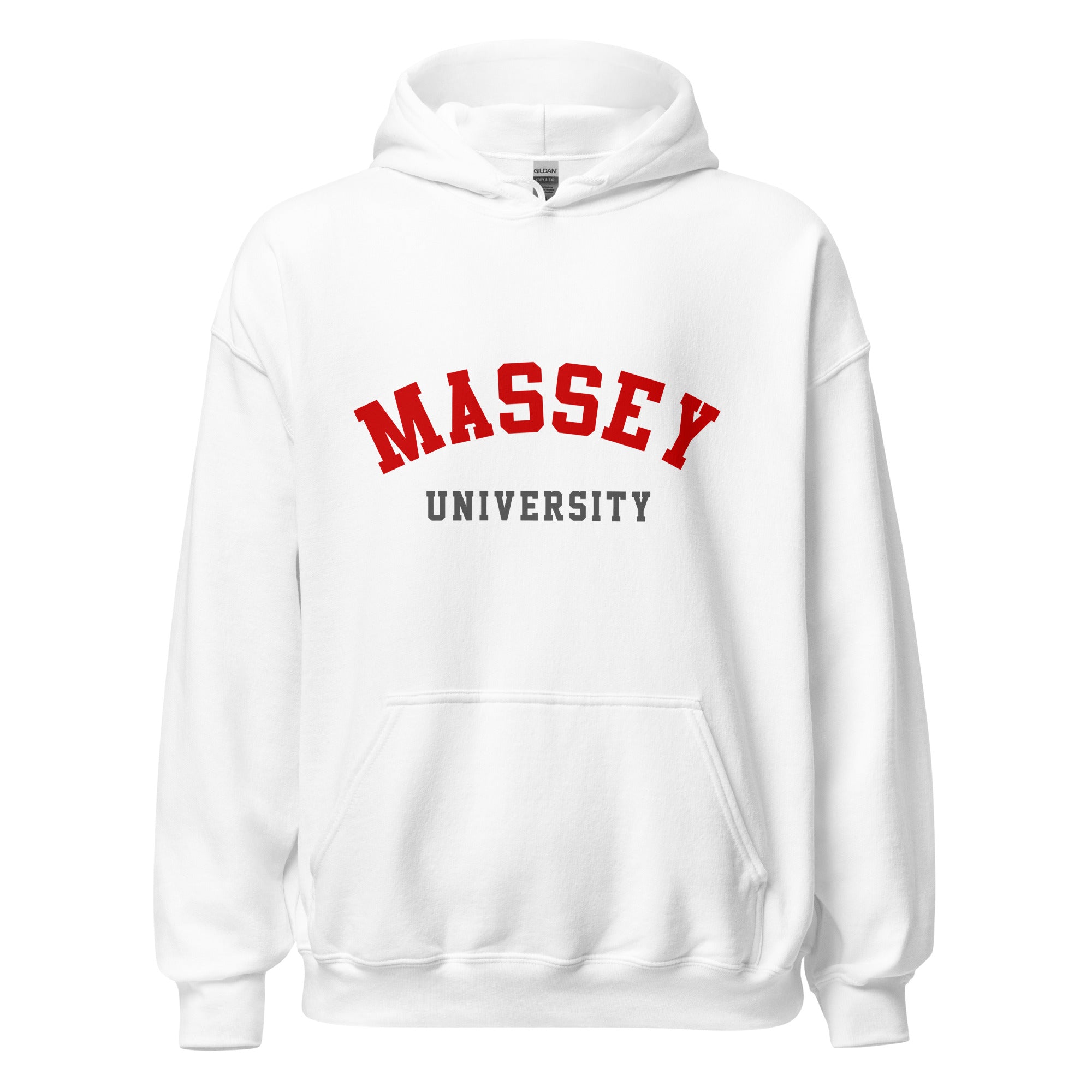 Unisex navy blue hoodie featuring Massey University logo printed across the front chest