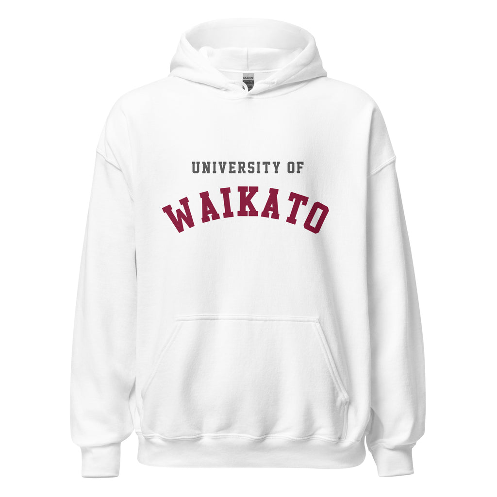 Unisex navy blue hoodie featuring University of Waikato logo printed across the front chest