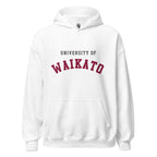 Unisex navy blue hoodie featuring University of Waikato logo printed across the front chest