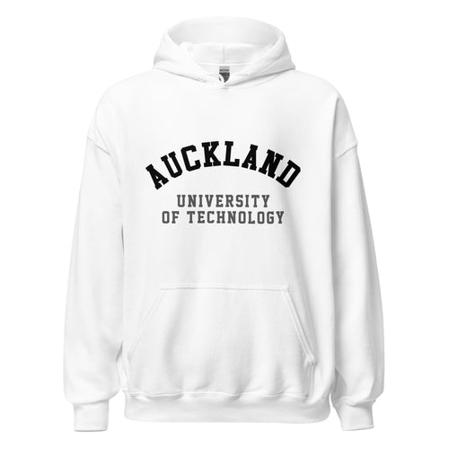 Unisex black hoodie featuring Auckland University of Technology logo printed across the front chest
