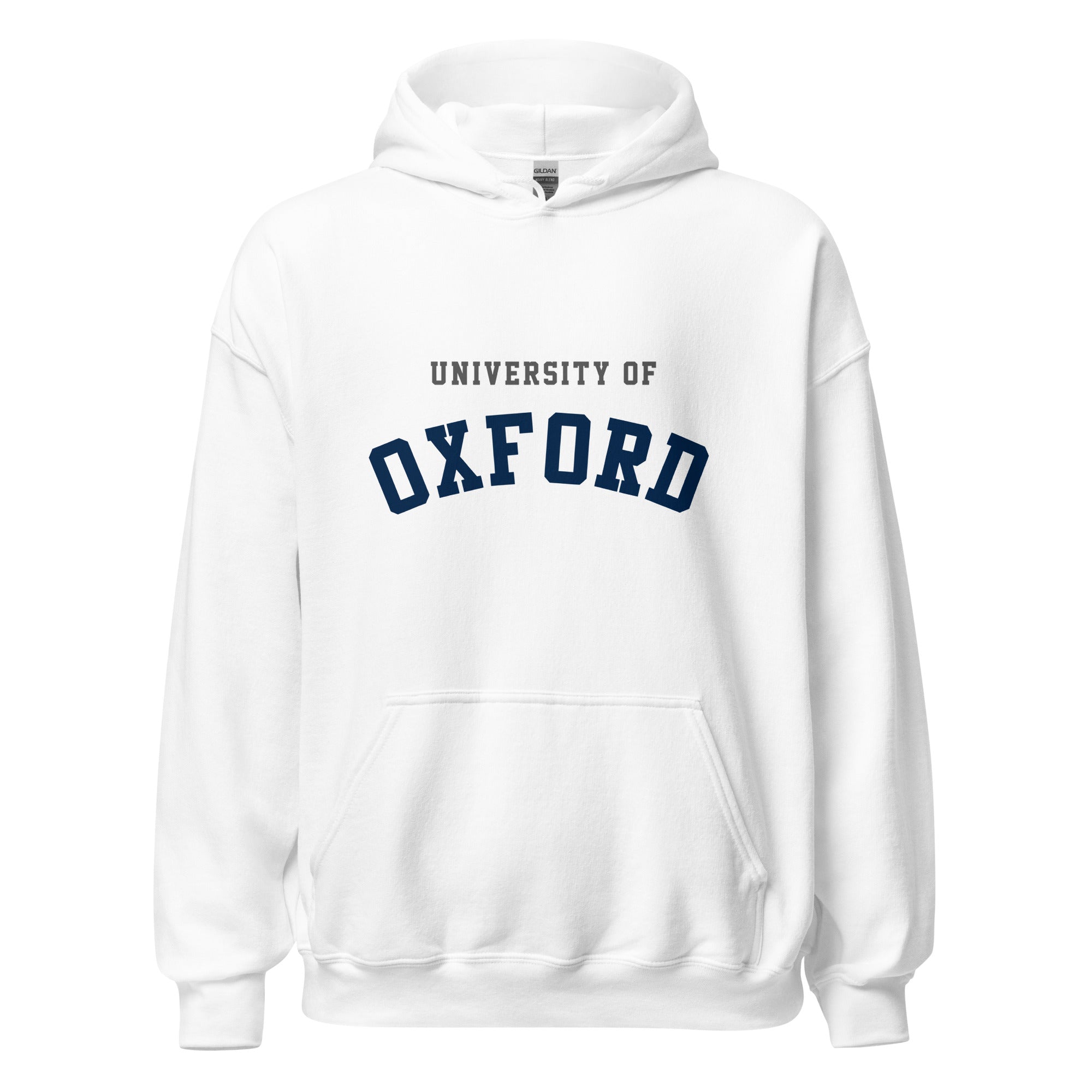 Unisex navy blue hoodie featuring University of Oxford logo printed across the front chest
