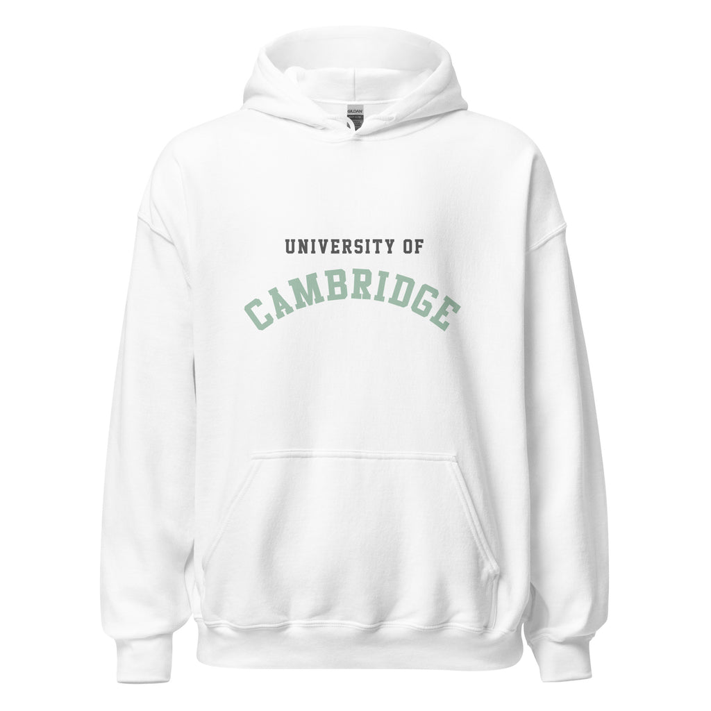 Unisex heather gray hoodie featuring University of Cambridge logo printed across the front chest