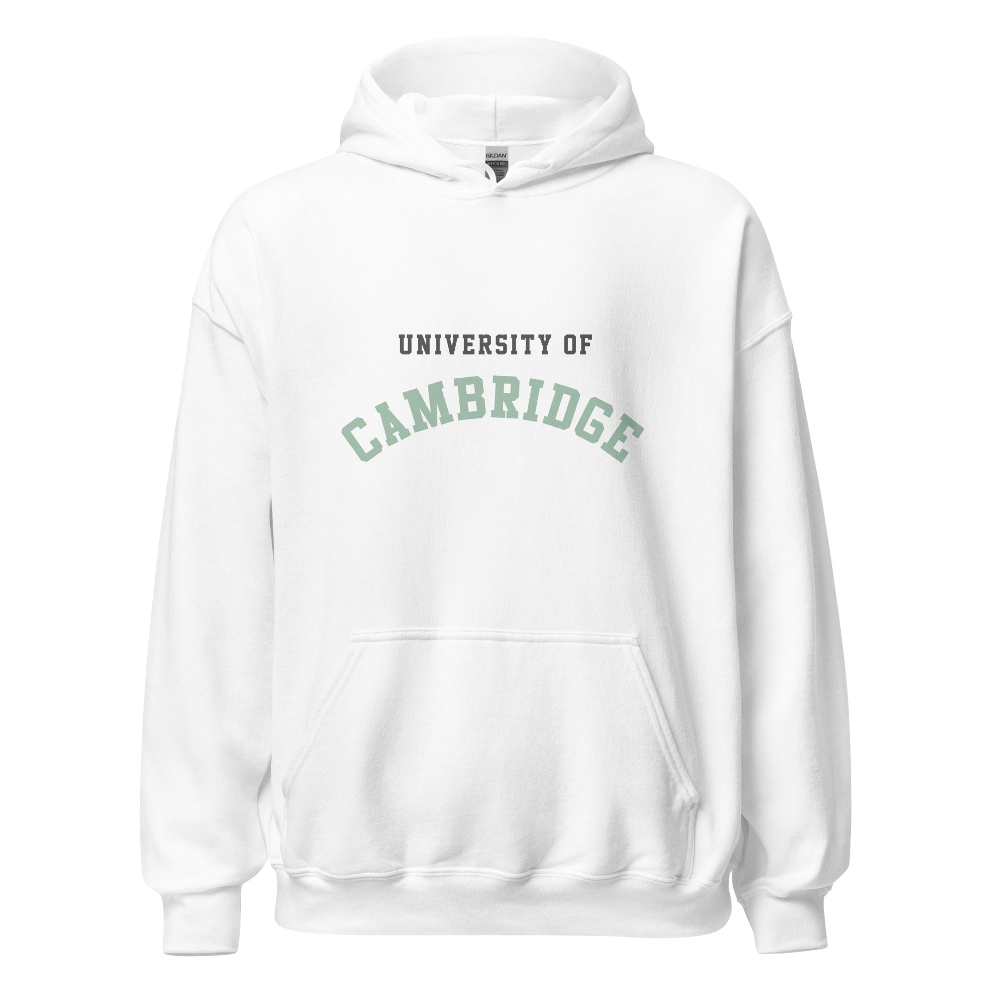 Unisex heather gray hoodie featuring University of Cambridge logo printed across the front chest