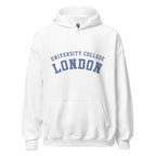 Unisex navy blue hoodie featuring University College London logo printed across the front chest