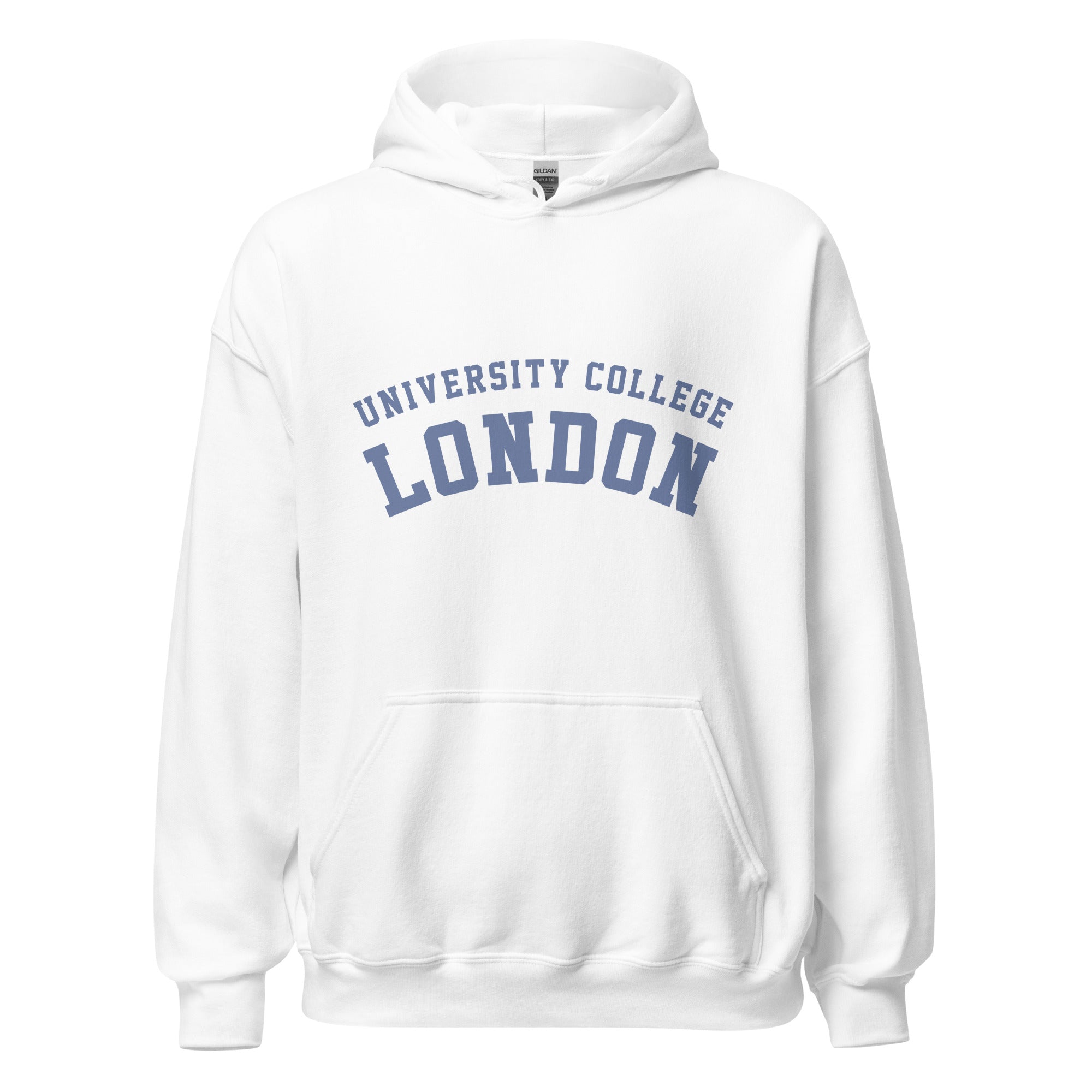 Unisex navy blue hoodie featuring University College London logo printed across the front chest