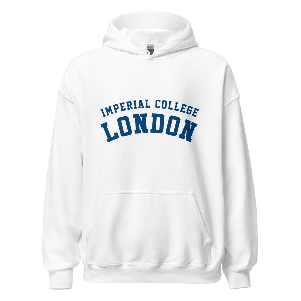 Unisex navy blue hoodie featuring Imperial College London logo printed across the front chest