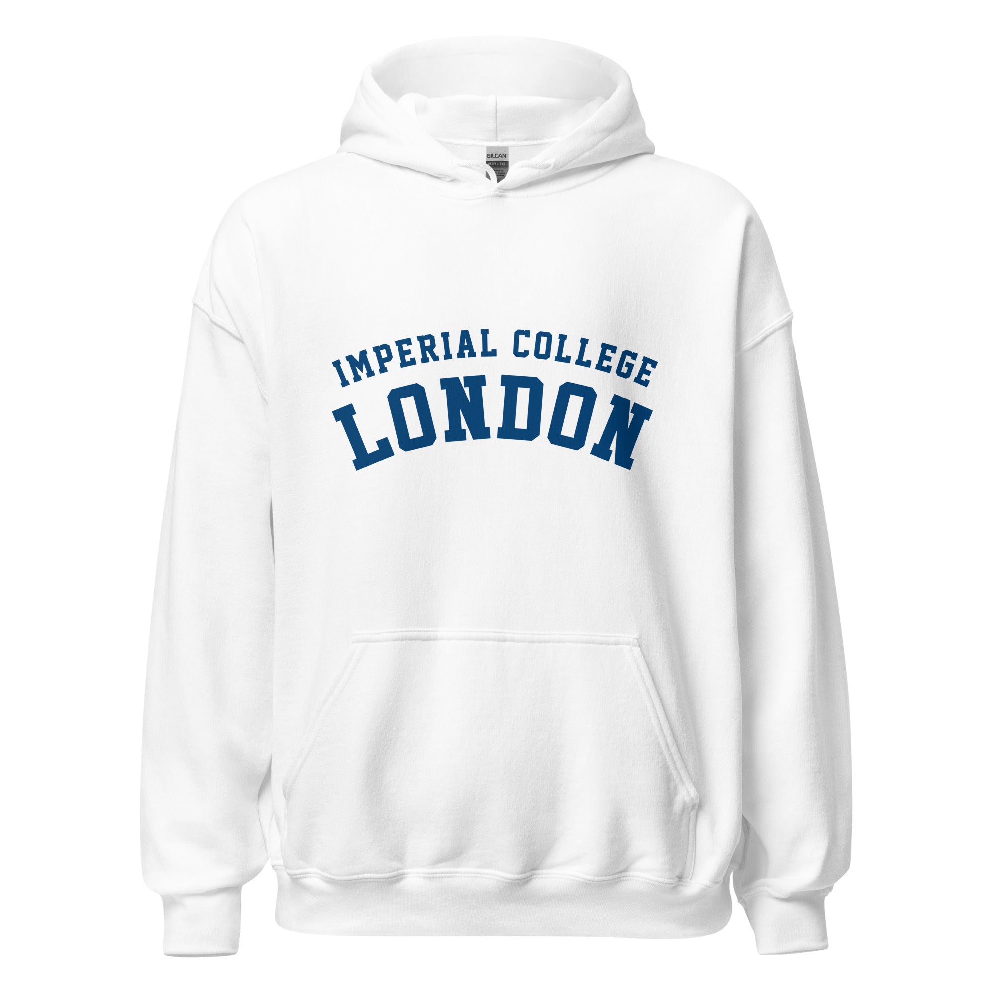 Unisex navy blue hoodie featuring Imperial College London logo printed across the front chest