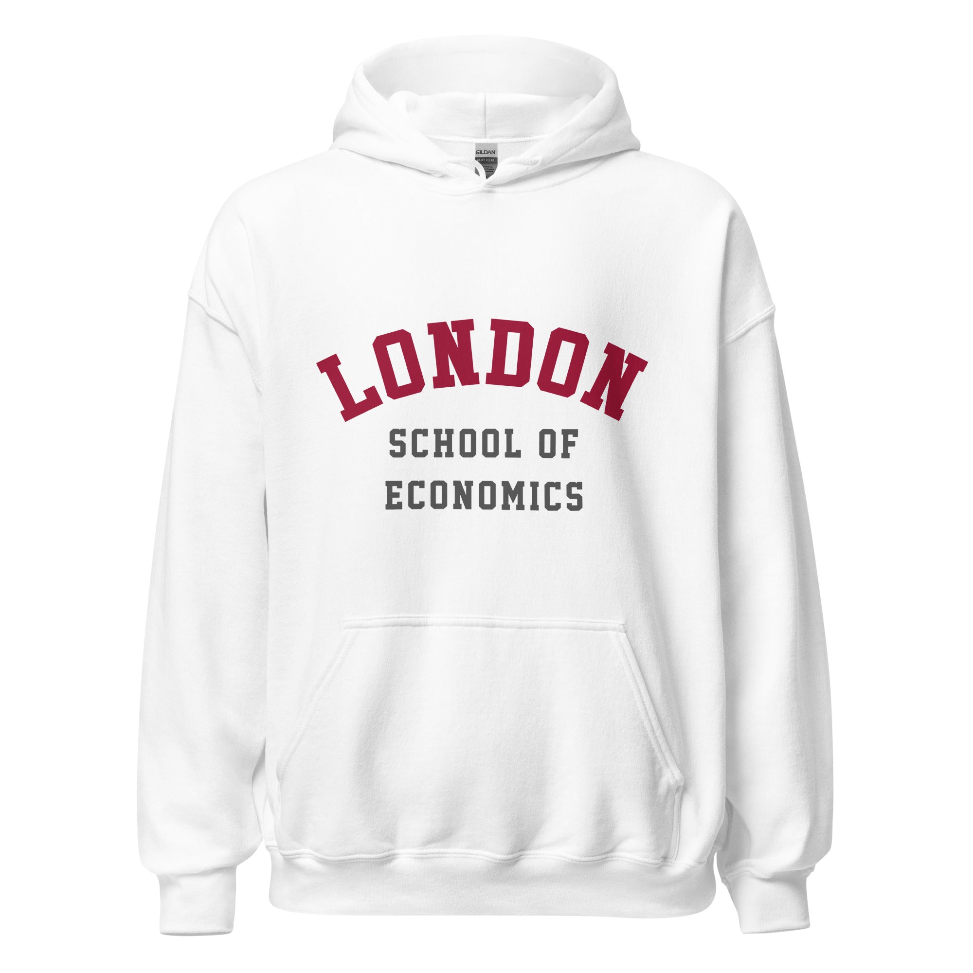 Unisex navy blue hoodie featuring London School of Economics logo printed across the front chest