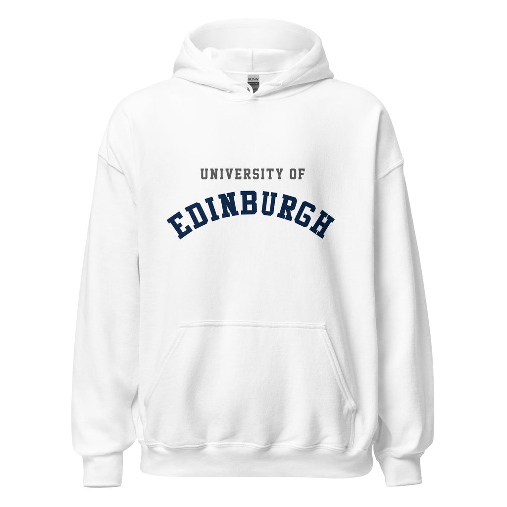 Unisex navy blue hoodie featuring University of Edinburgh logo printed across the front chest