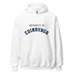 Unisex navy blue hoodie featuring University of Edinburgh logo printed across the front chest