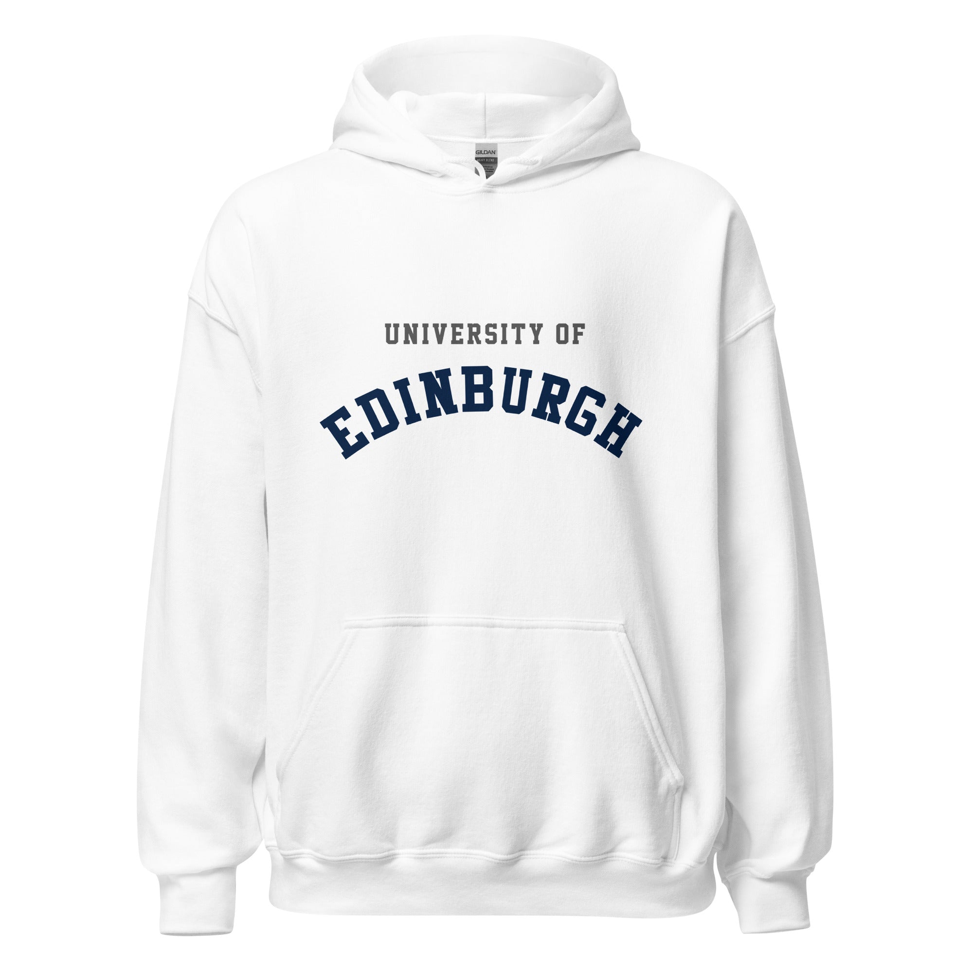 Unisex navy blue hoodie featuring University of Edinburgh logo printed across the front chest