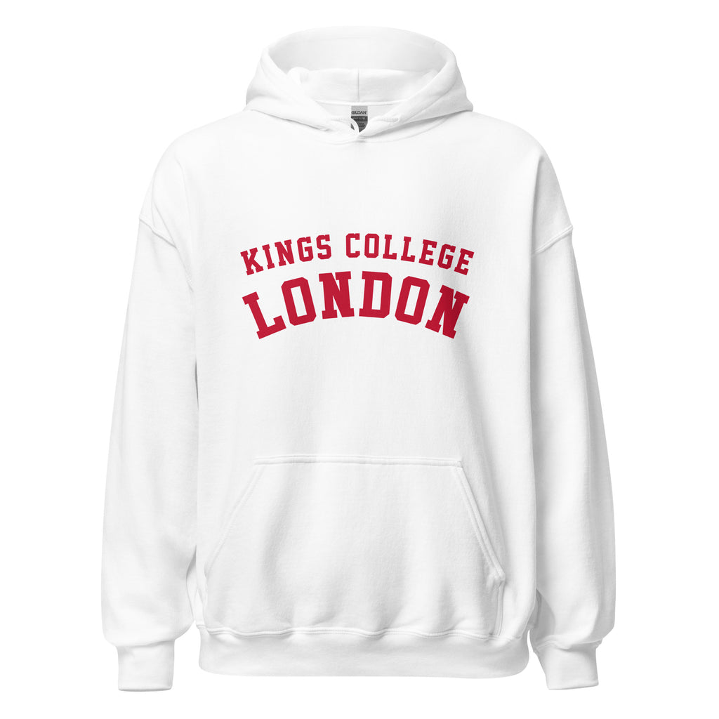 Unisex navy blue hoodie featuring King's College London logo printed across the front chest