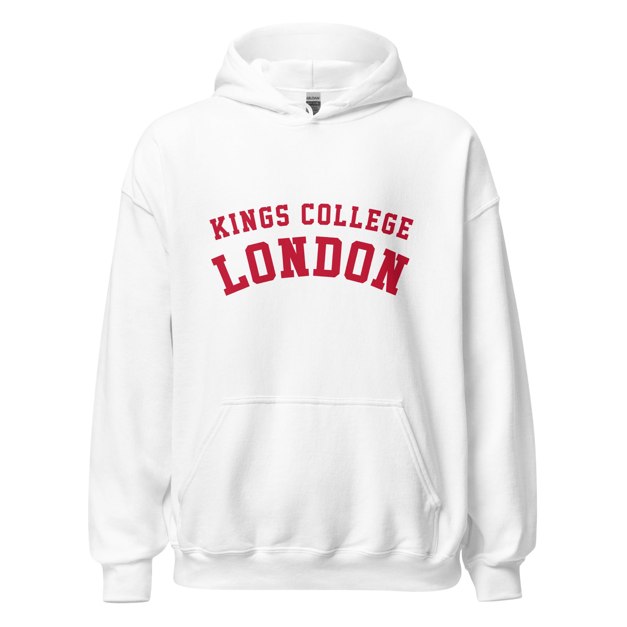 Unisex navy blue hoodie featuring King's College London logo printed across the front chest