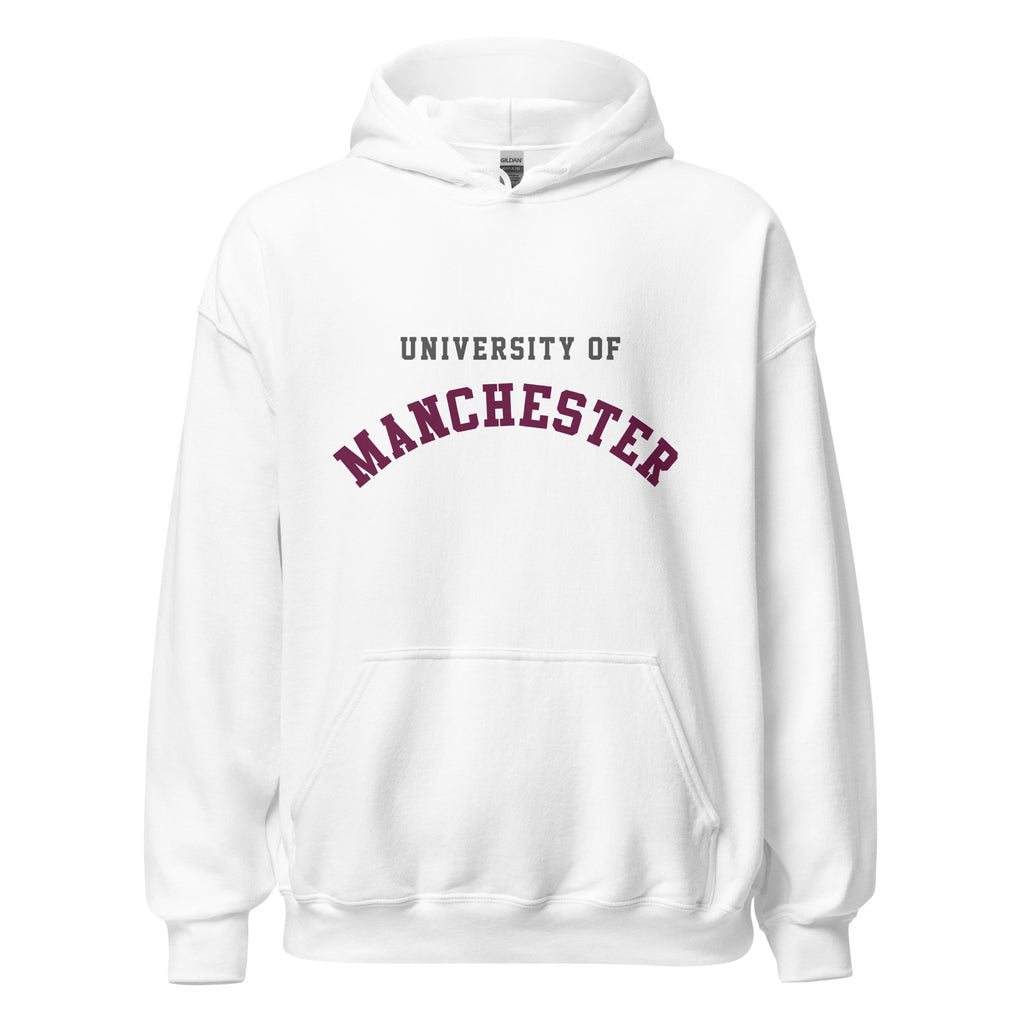 Unisex navy blue hoodie featuring University of Manchester logo printed across the front chest