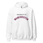 Unisex navy blue hoodie featuring University of Manchester logo printed across the front chest